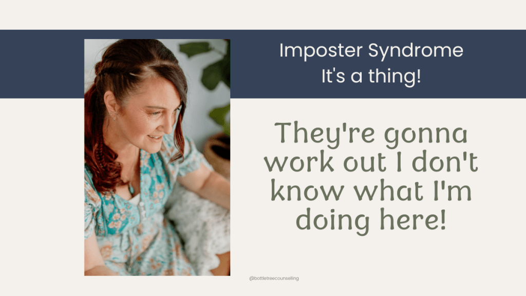 picture of a woman in a floral dress on a beige background with the words Imposter Syndrome, it's a thing, They're going to work out I don't know what I'm doing here!